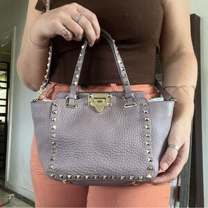 Valentino Garavani Grainy Pebble Leather Mauve Rockstud Mini Two Way Tote Bag